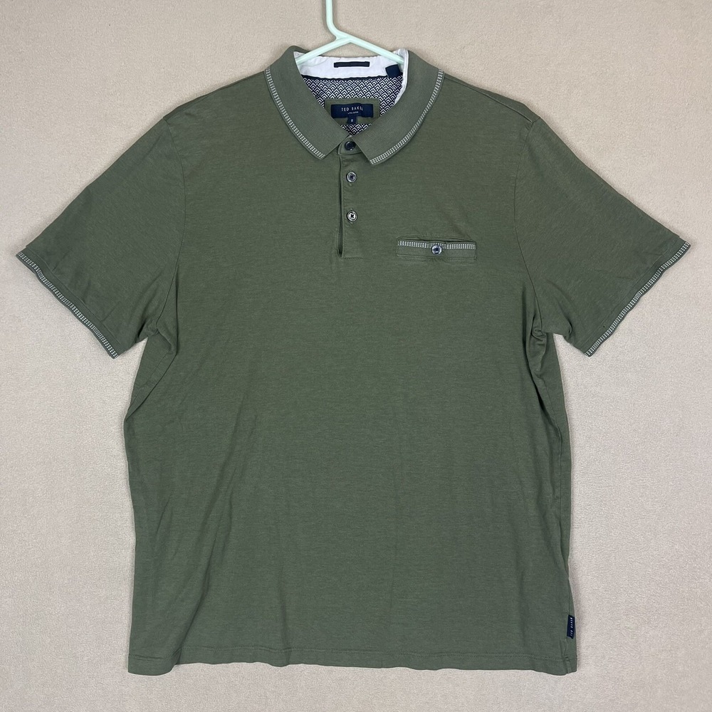 Ted Baker Polo Shirt Mens Size 5 XL Green Short Sleeve Cotton Blend Chest Pocket